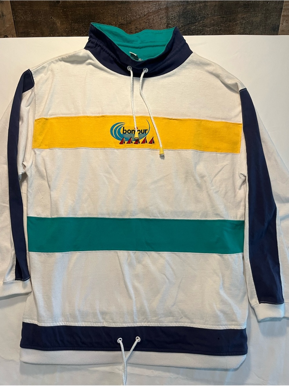 Bonjour, White Colorblock Pullover Sweater with Yellow and Teal Stripes sporty
